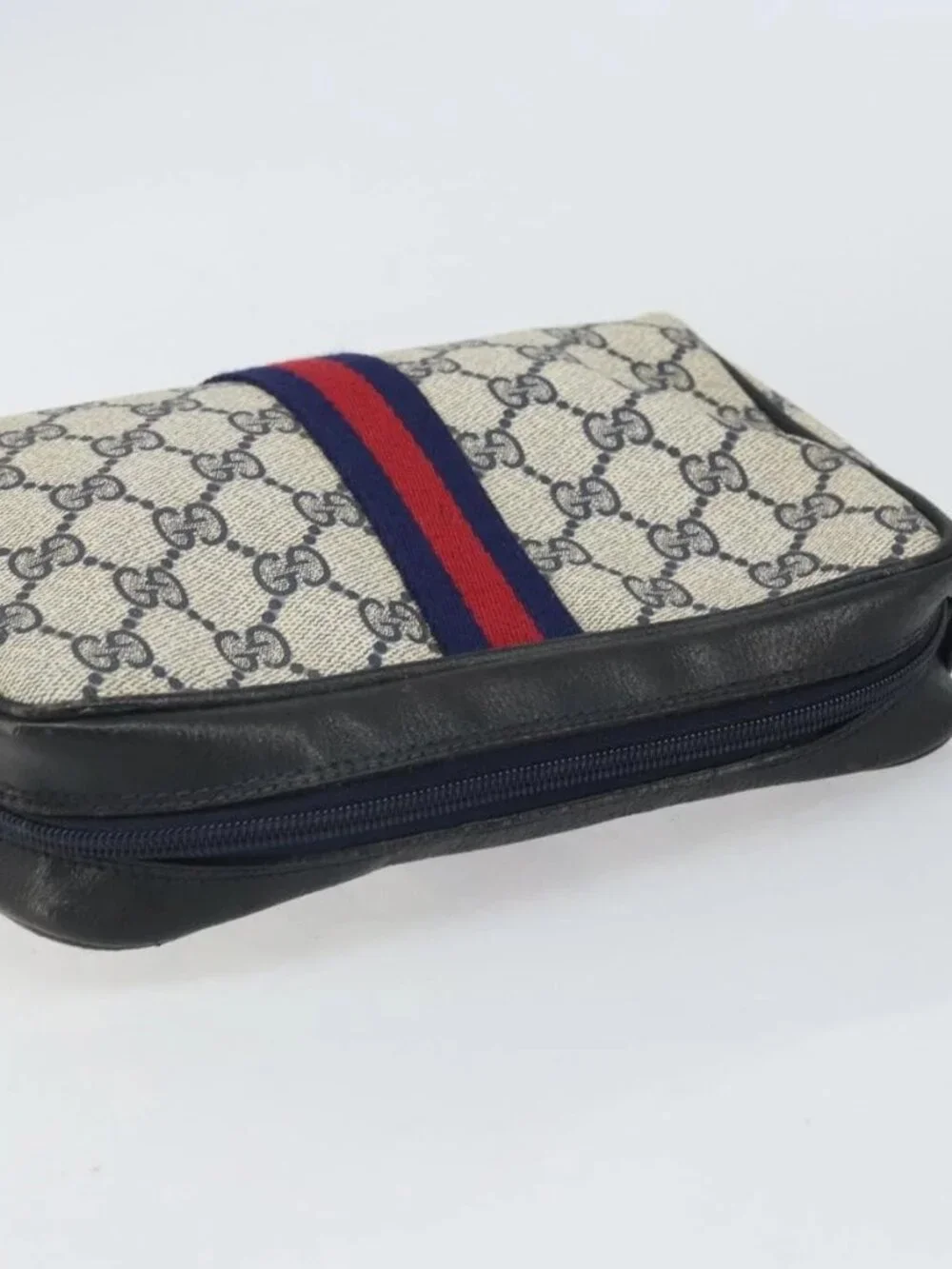 GUCCI GG Supreme Sherry Line Clutch Bag PVC Navy Gold 010 378 Auth BA10258